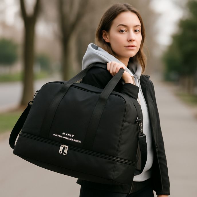 sac de sport noir porté sur l épaule en extérieur