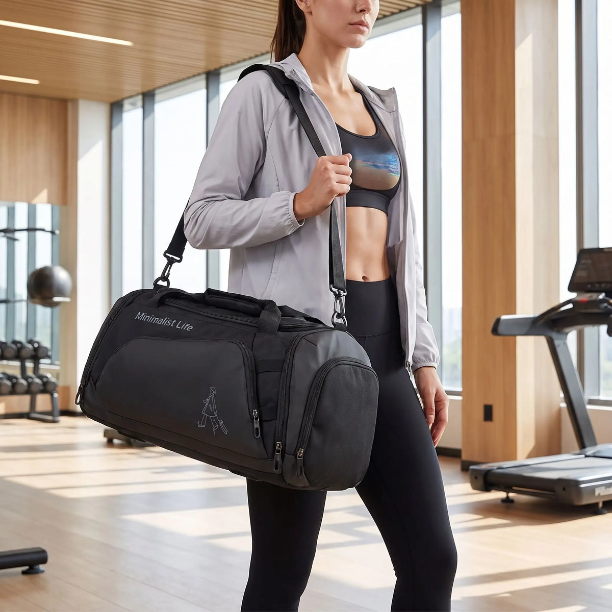 femme porte sac de sport noir sur son épaule dans salle fitness