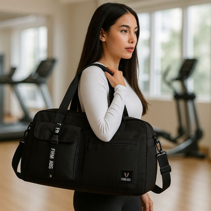 femme porte sac de sport noir sur son épaule dans un gymnase