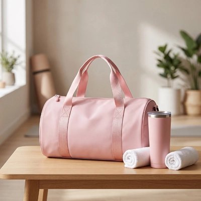 Sac de sport rose clair posé sur une table en bois