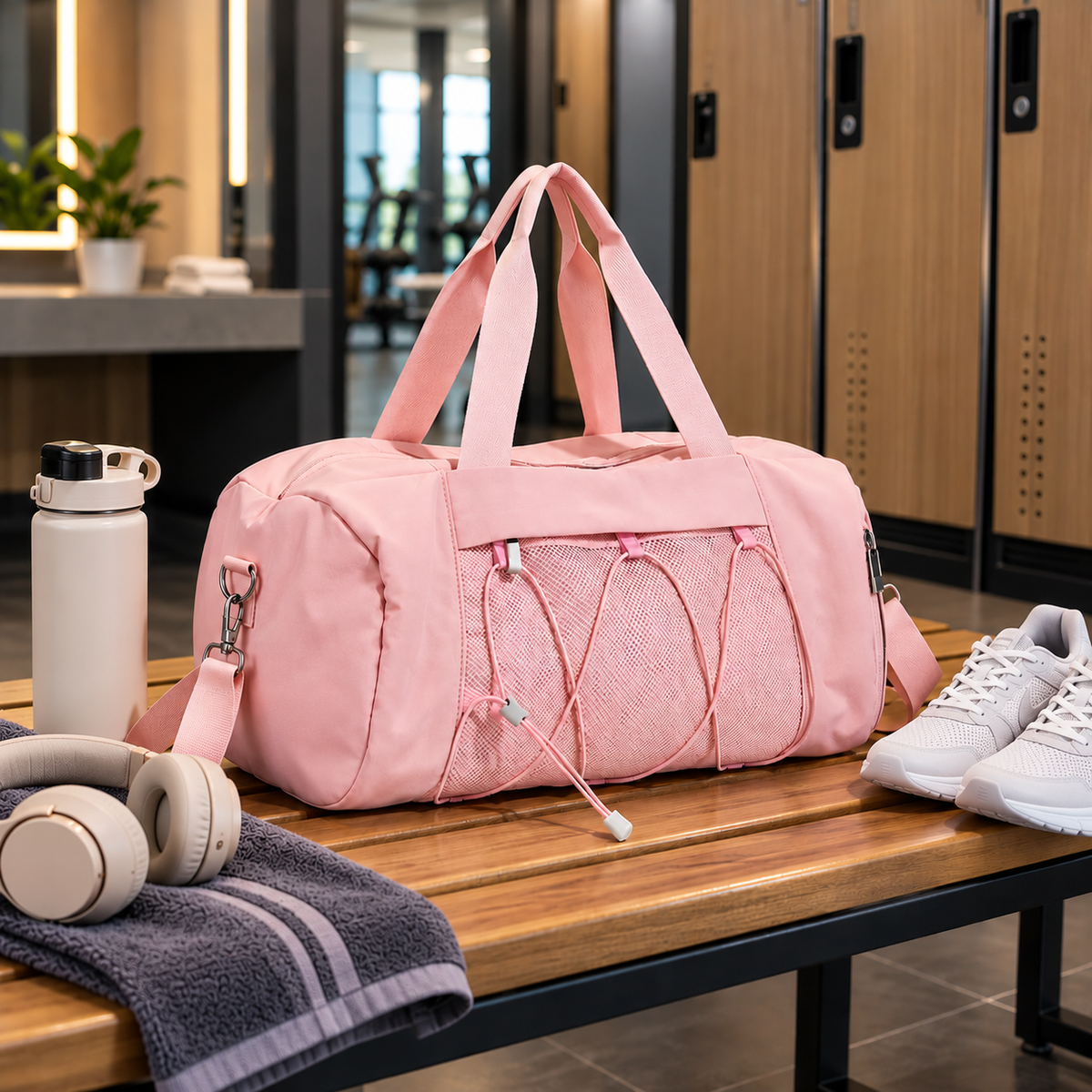 sac de sport fitness rose posé sur un banc dans vestiaire de salle de fitness