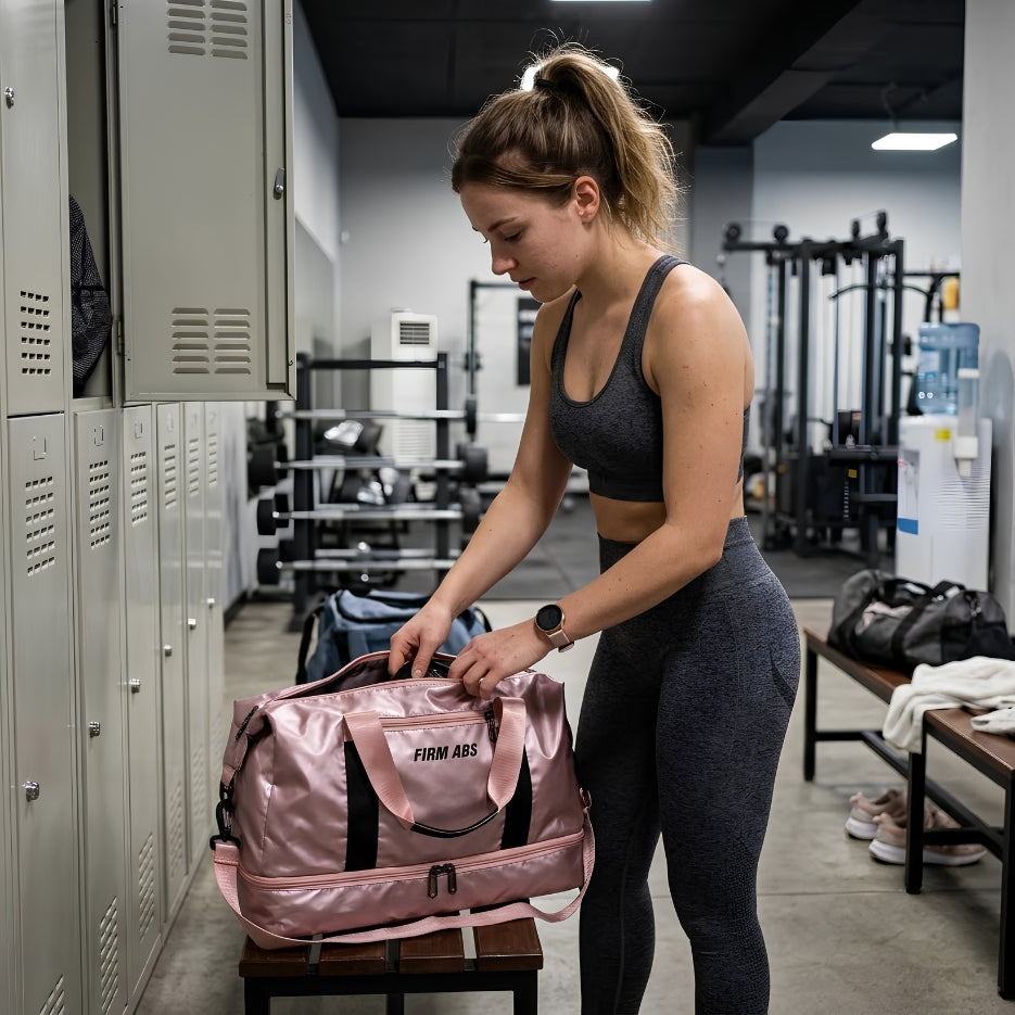 femme debout range ses chose dans sac de sport rose dans vestiaire