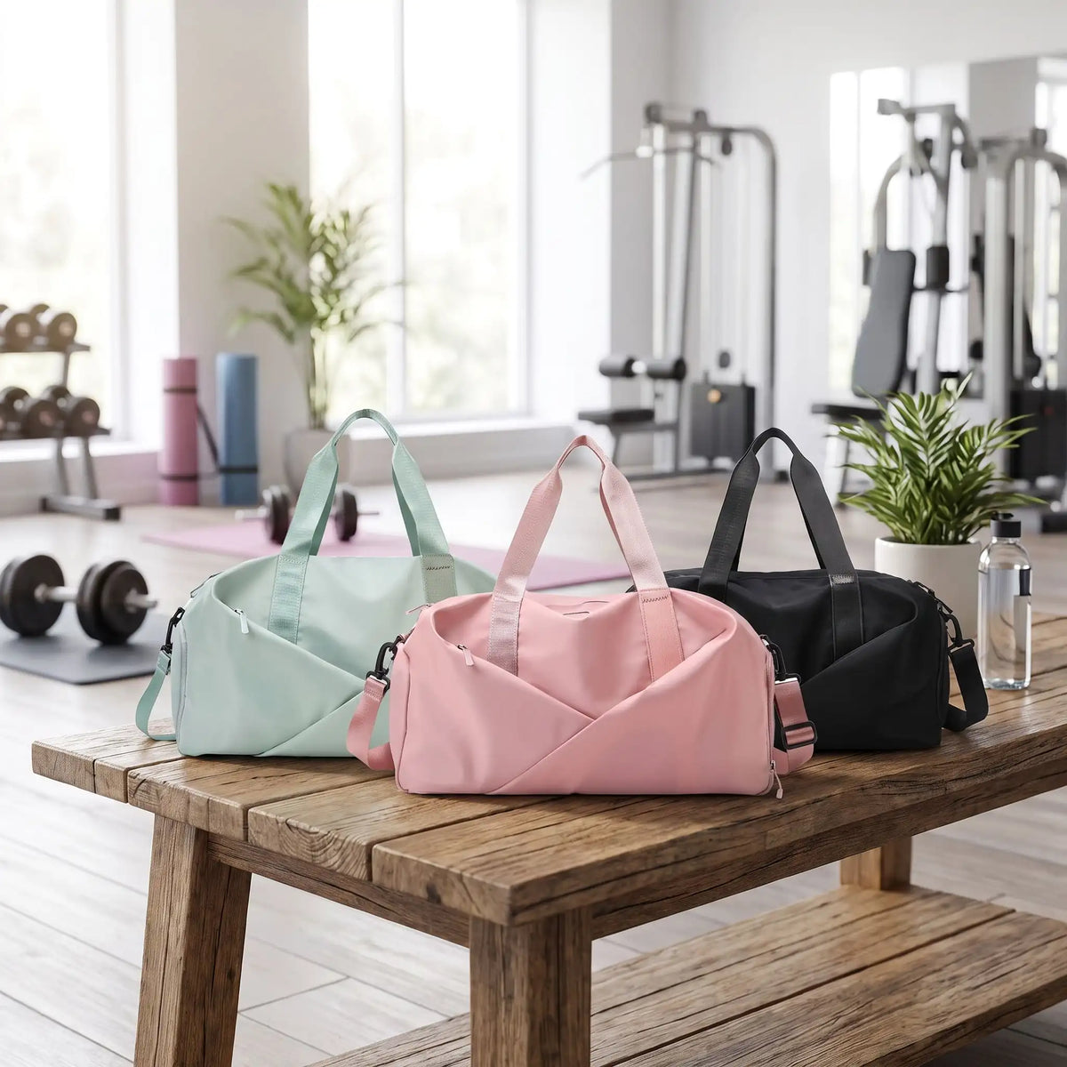 trois sac de sport fitness rose vert et noir posés sur une table dans salle de fitness
