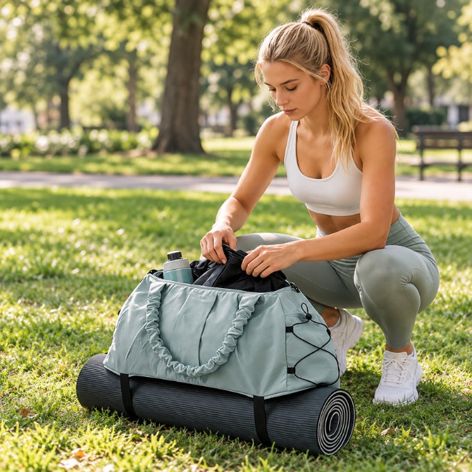 femme semi accroupie range ses objet dans sec yoga bleu dans un parc