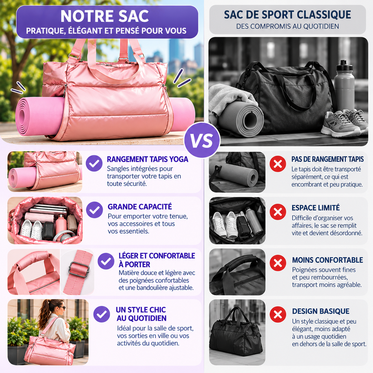comparaison entre sac yoga rose doudoune et sac basique