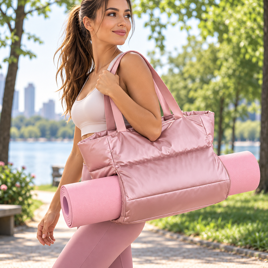 femme avec tenue sport porte sac yoga  rose avec tapis yoga rangé dedans dans un parc