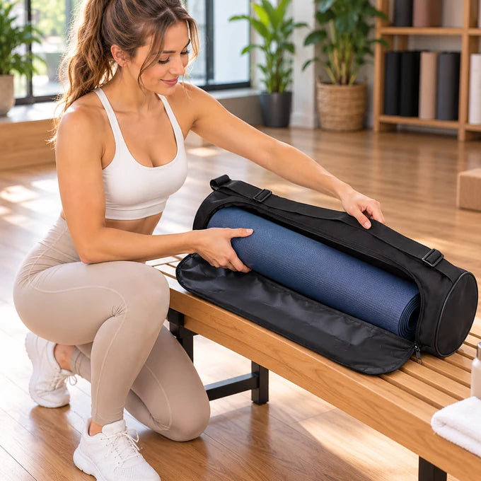 femme range tapis dans sac yoga noir