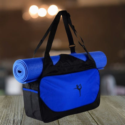 sac yoga bleu sur une table en bois