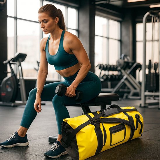 sacs de sport jaune soulevé par une femme pendant une séance d’entraînement