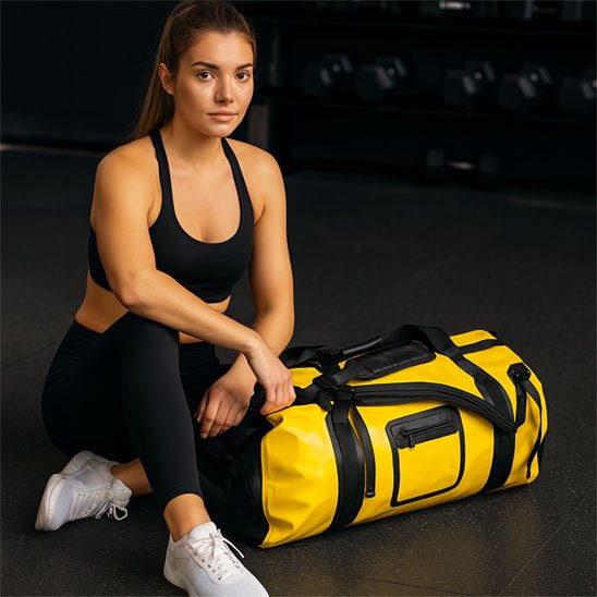 sacs de sport jaune à côté d une femme en tenue de fitness à la salle