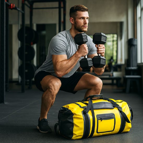 sacs de sport jaune utilisé par un homme s entraînant avec des haltères à la salle