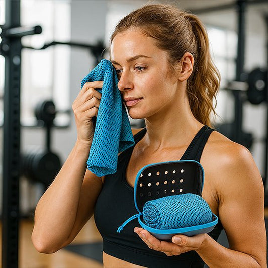 sportive avec haut noir essuie son visage avec serviette de sport bleu et tient la boite de rangement dans l autre main dans un gym