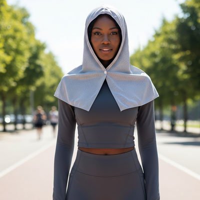 sportive met sur sa tête serviette de sport grise dans un parc