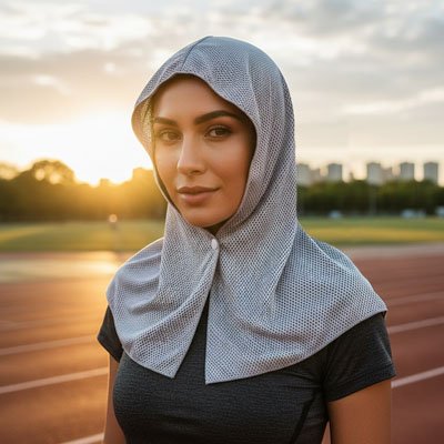 femme sportive met serviette de sport​ gris sur sa tête dans une piste d athlétisme