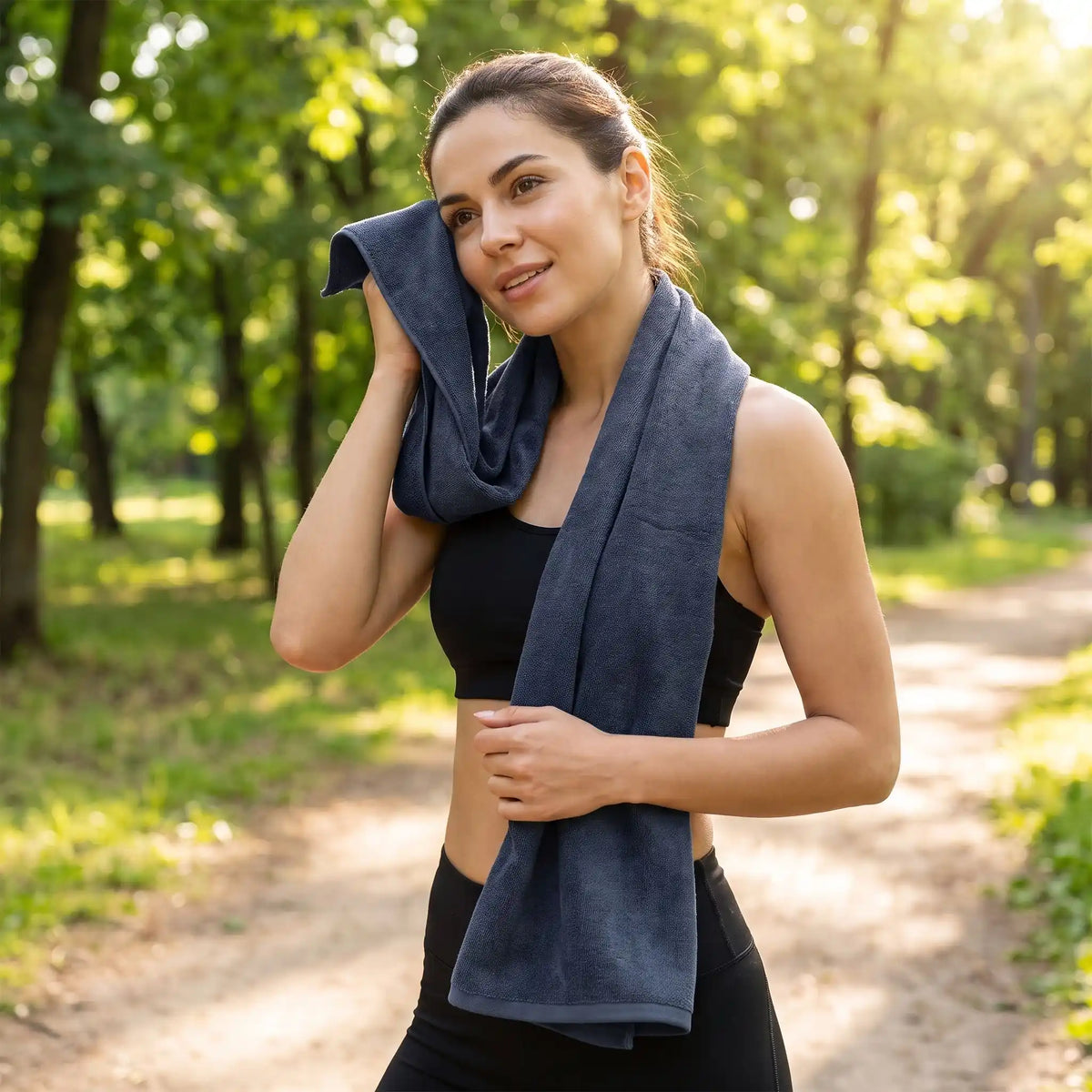 femme essuie son visage avec serviette de sport grise dans un parc