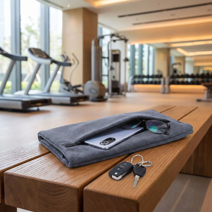 serviette de sport pliée et posé sur un banc dans une salle de fitness
