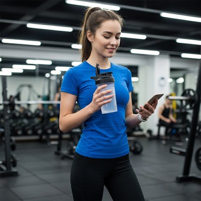 femme tient shaker proteine blanc à la main dans salle de fitness