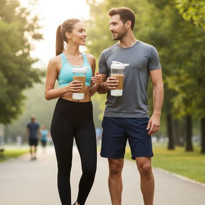 homme et femme en train de parler chacun tient shaker blanc dans sa main
