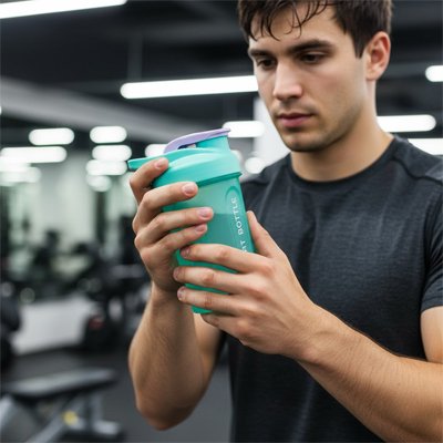 hemme tient Shaker proteine vert à la main dans salle de fitness
