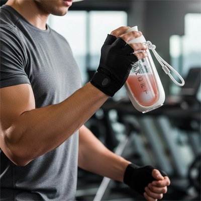 homme tient shaker blanc dans une salle de fitness