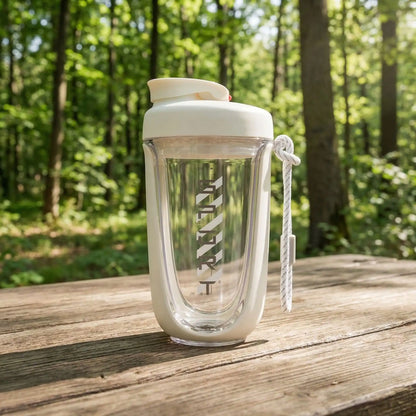 shaker proteine nitromix blanc posé sur une table dans un parc