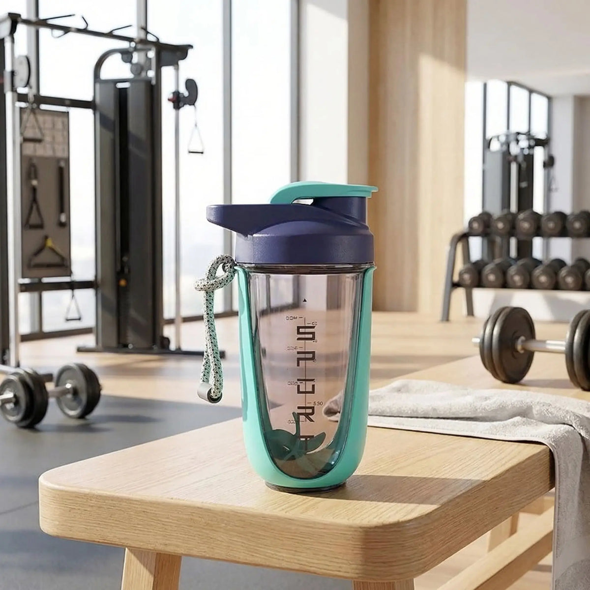 shaker proteine nitromix vert posé sur une table dans un parc
