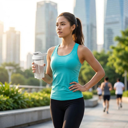 femme sportive tient shaker blanc dans la ville
