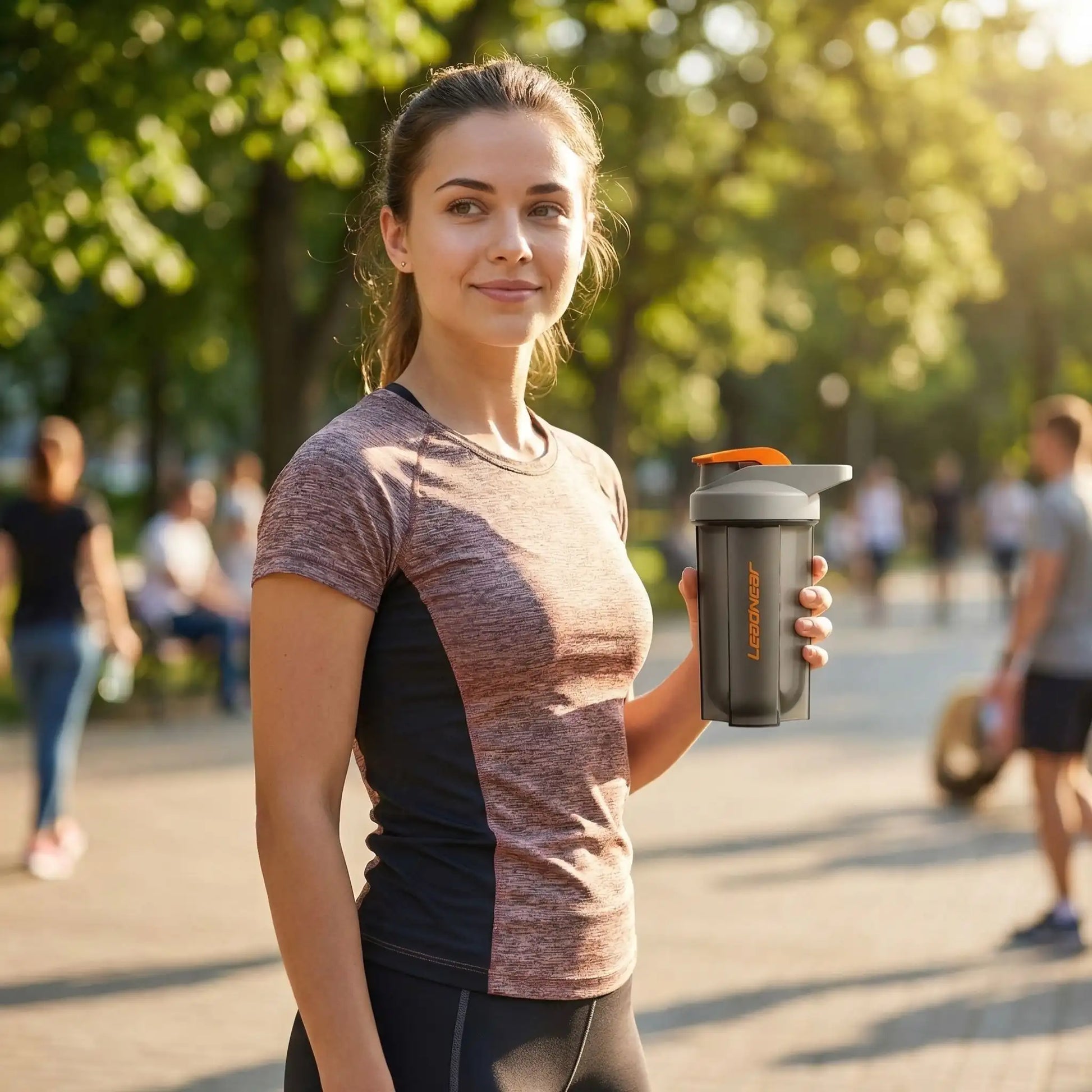 femme tient shaker gris dans un parc