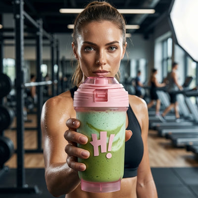 femme tenant shaker rose dans une salle de fitness