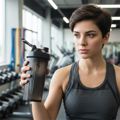 femme tient shaker noir à la main dans une salle de fitness