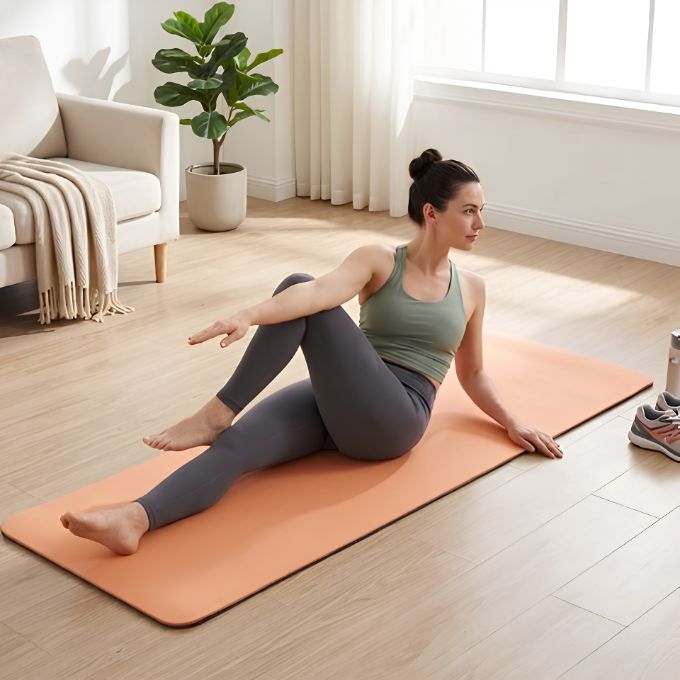 femme fitness sur tapis de gym orange fait un exercice d étirement des jambes