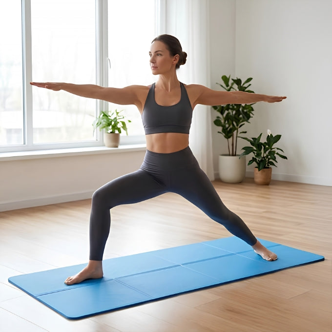 sportive sur tapis de gym pliable bleu fait des exercices de yoga