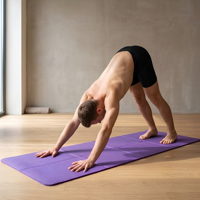 homme sur tapis de gym pliable violet fait un exrcice d étirement