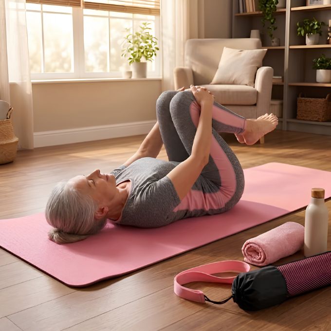 femme fitness sur tapis de gym rose couchée sur le dos et étire ses dorsaux