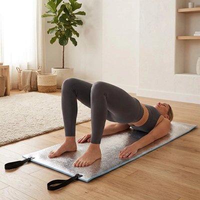 femme fait exercice de yoga sur tapis de yoga sur la deuxième face du tapis dans son salon