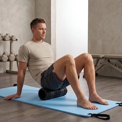 homme sur tapis de yoga utlisant rouleau de massage