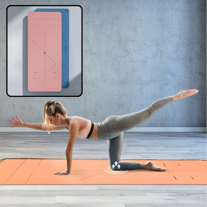 femme sur tapis pilates rose fait un exercice de gainage en maintenant jambe tendue decollé et bras opposé décollé